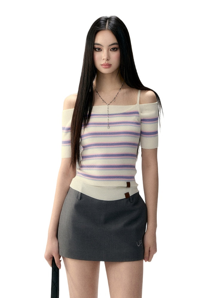 Striped Off-Shoulder Knit Short-Sleeve T-shirt