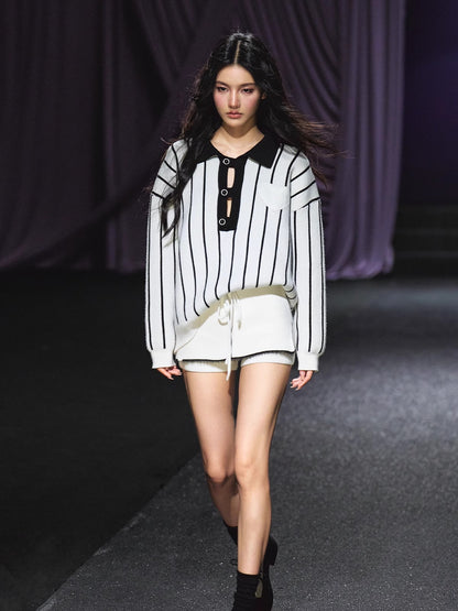 Striped Knit Polo T-Shirt &amp; Contrast Trim Skort Set