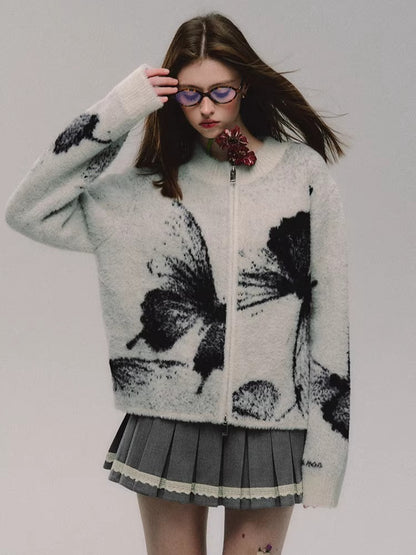 Double-Zip Jacquard Knit Cardigan