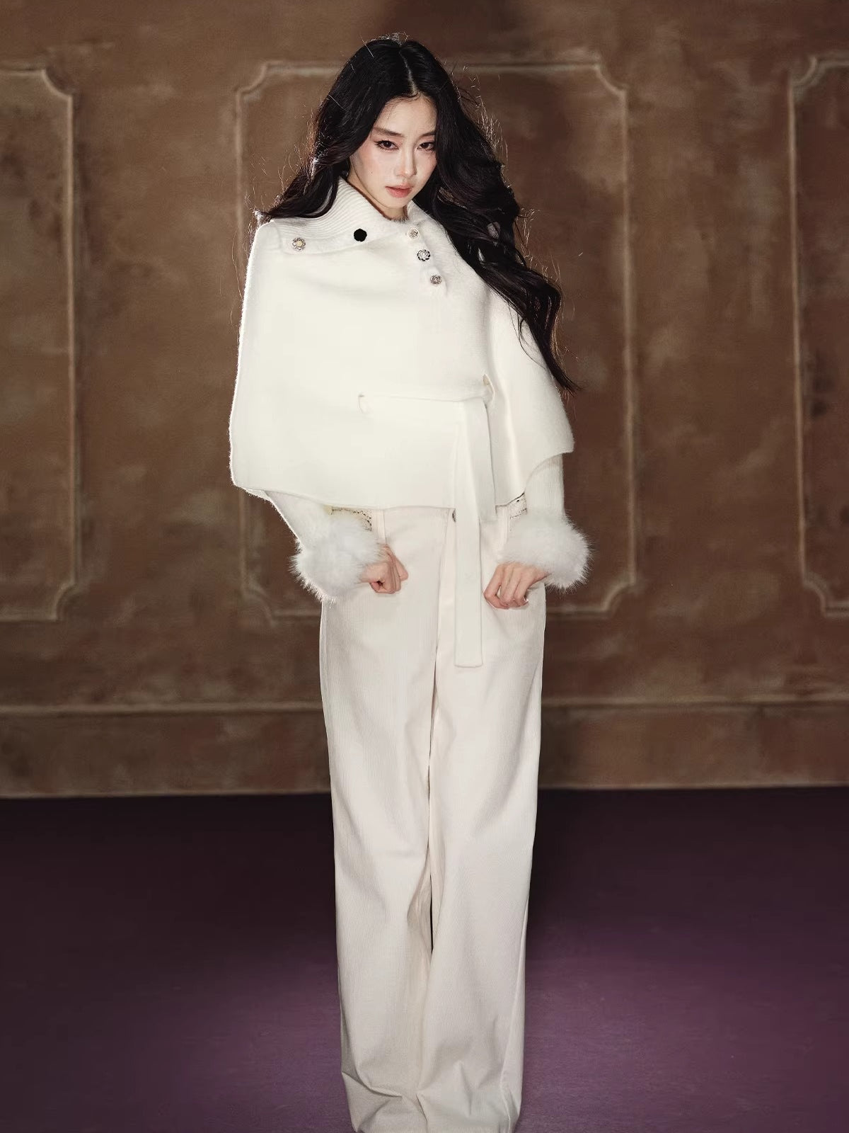 Faux Fur Base Top &amp; Waist-Cinching Cape Knit Set