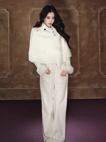 Faux Fur Base Top &amp; Waist-Cinching Cape Knit Set