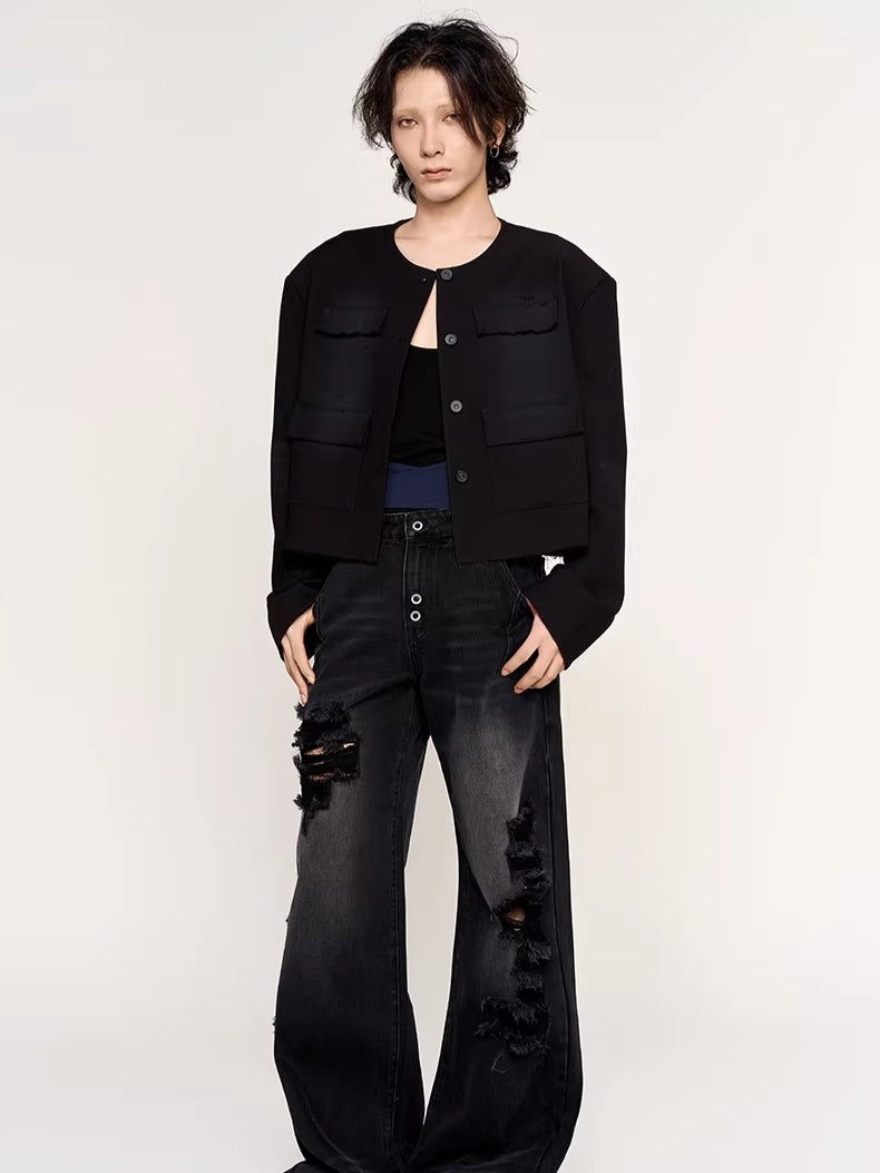 Washed Fringe-Edge Collarless Cropped Blazer