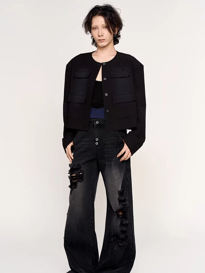 Washed Fringe-Edge Collarless Cropped Blazer