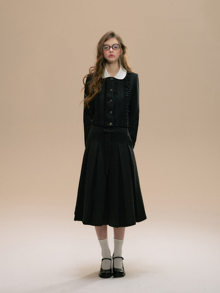 Ruffle Trim Woolen Coat &amp; Pleated Skirt Set