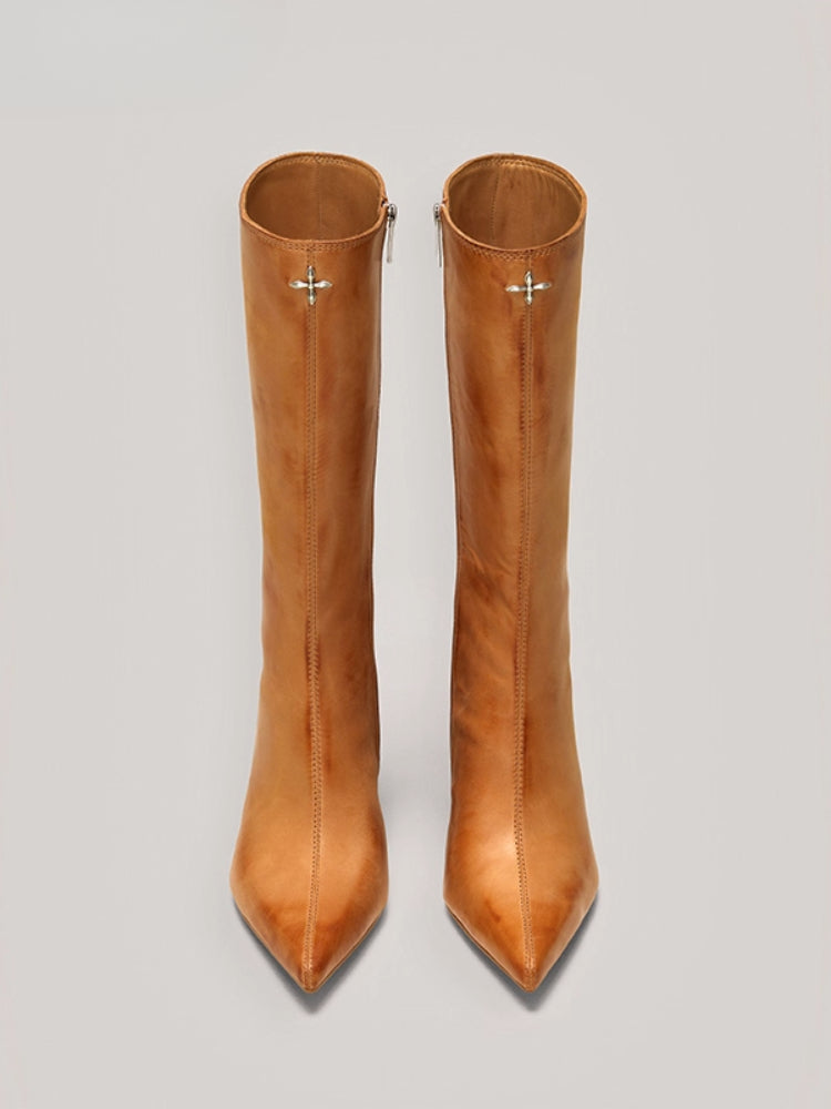 Compass Badge Sword Leather High Heel Boots Patina Wild Horse Brown Patina - CHINASQUAD