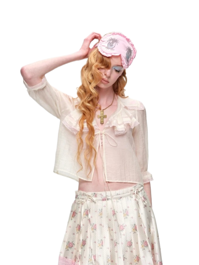 Contrast Ruffle Sailor Collar Chiffon Cropped Cardigan 1Jinn Studio