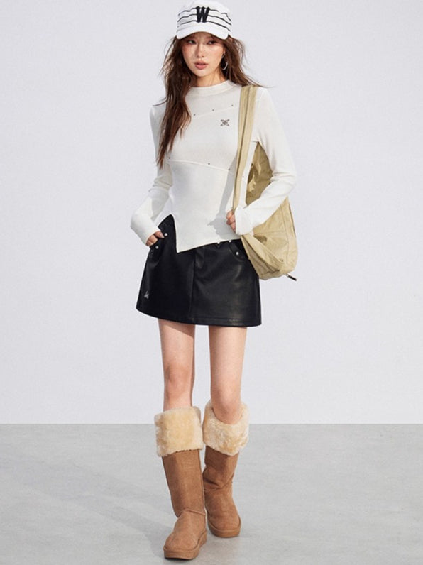 Slit Long-Sleeve Statement Base T-Shirt