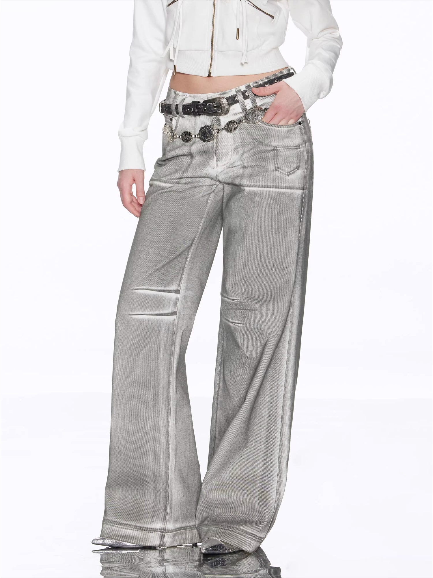 Matte Silver Alloy Buckle Distressed Leather Belt