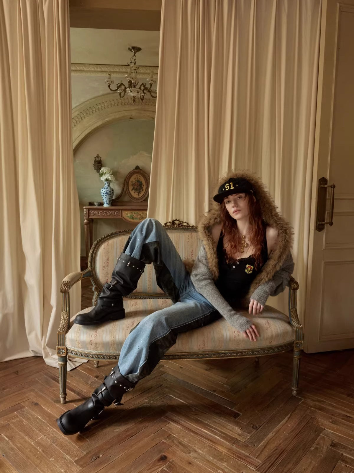 Vintage Mohair-Blend Fur-Trim Knit Cardigan