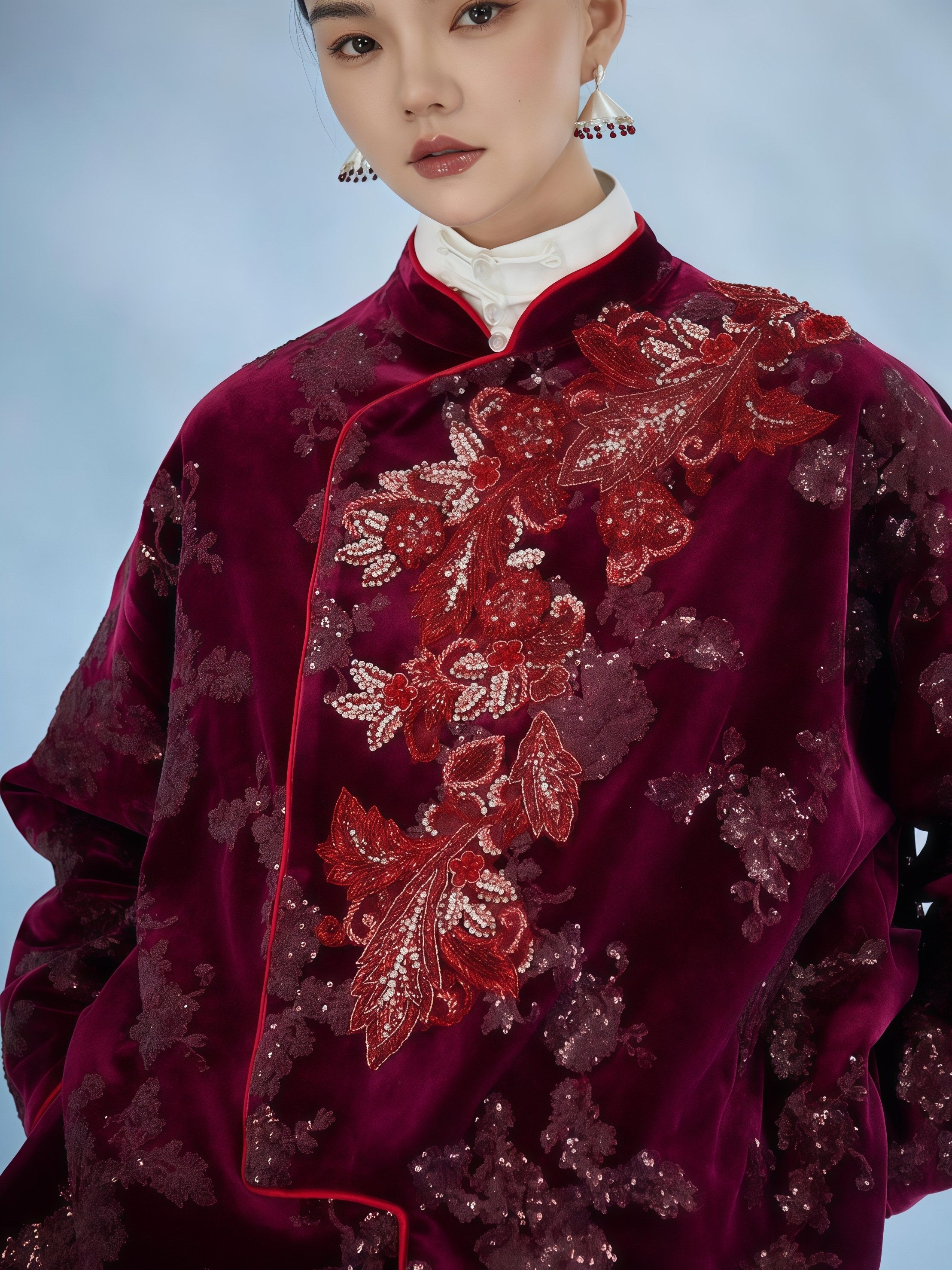 Crimson Bloom Embroidered Velvet Tailored Set