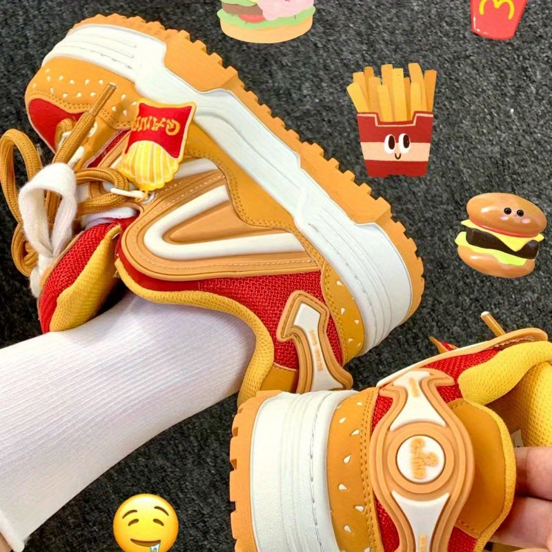 Orange Burger Embroidered Lettering Low-Top Skate Sneakers
