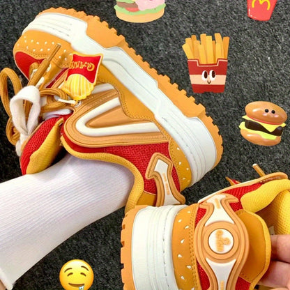 Orange Burger Embroidered Lettering Low-Top Skate Sneakers