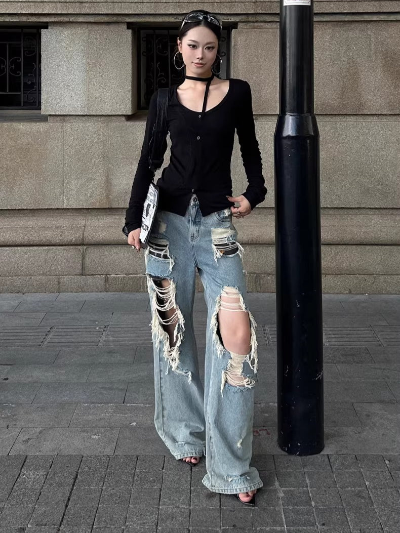 Straight-Leg Distressed Denim Jeans