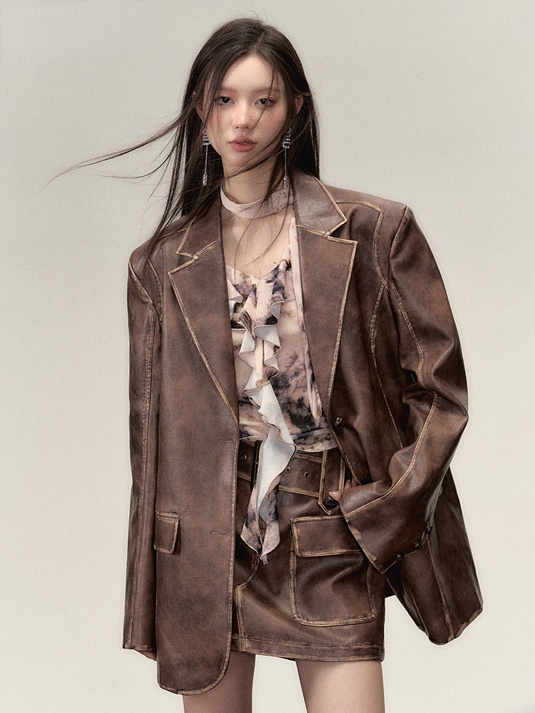 Faux Leather Jacket &amp; Skirt Two-Piece Set - CHINASQUAD