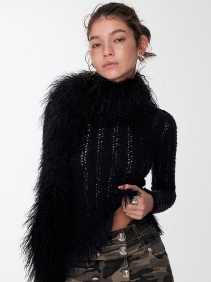Cable-Knit Faux-Fur Trim Fitted Sweater