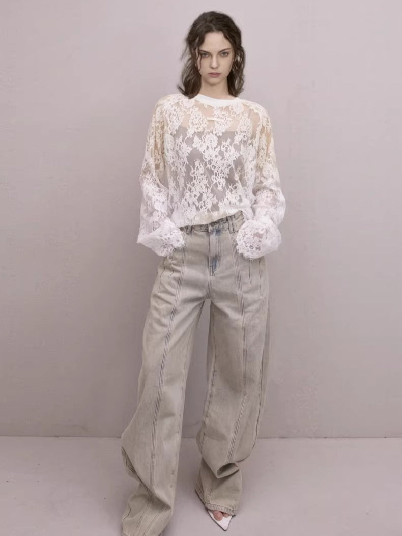 Washed Wide-Leg Denim Pants