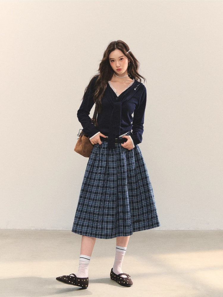 High-Waist Belted Plaid Umbrella Skirt