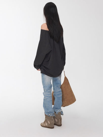Rhinestone Shoulder-Tie Oversized Sweatshirt