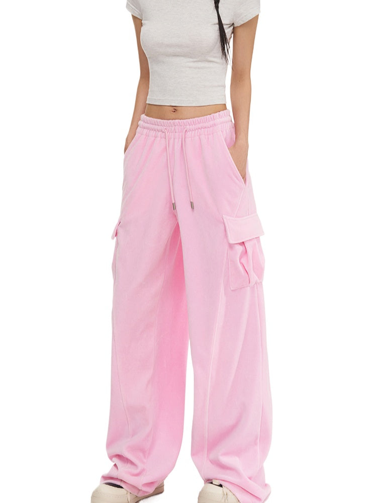 Pink Velvet Relaxed Wide-Leg Pants