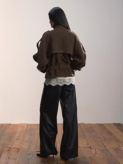 Contrast Double-Breasted Wool-Blend Belted Jacket
