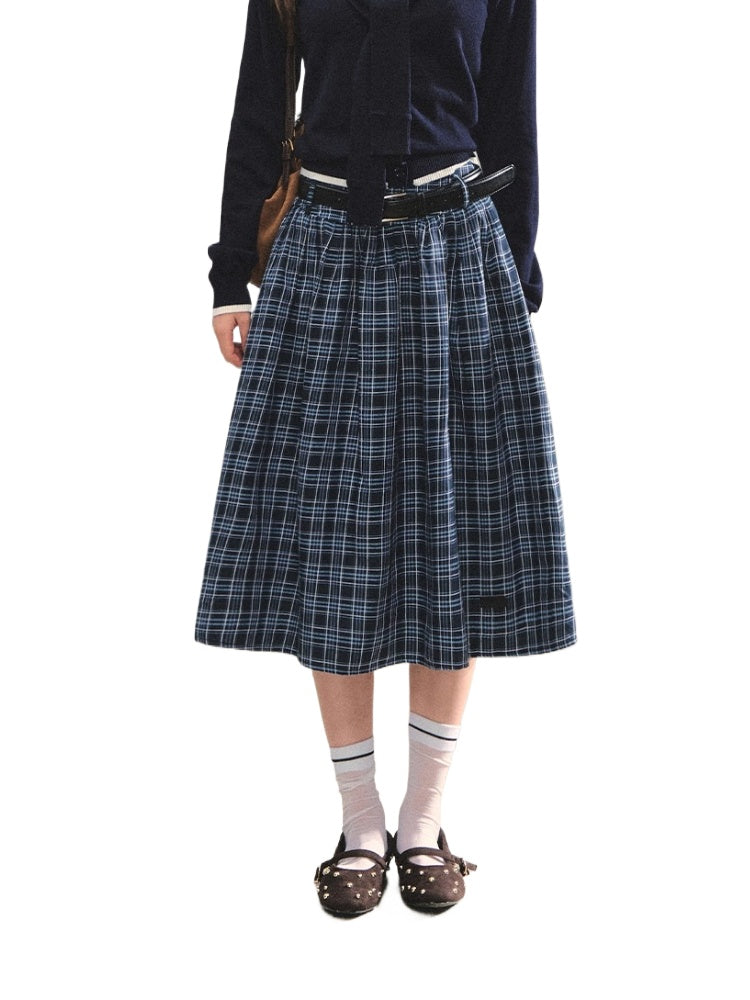 High-Waist Belted Plaid Umbrella Skirt