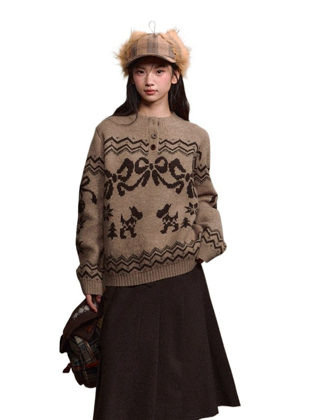 Fair Isle Bow Knit Henley Crewneck