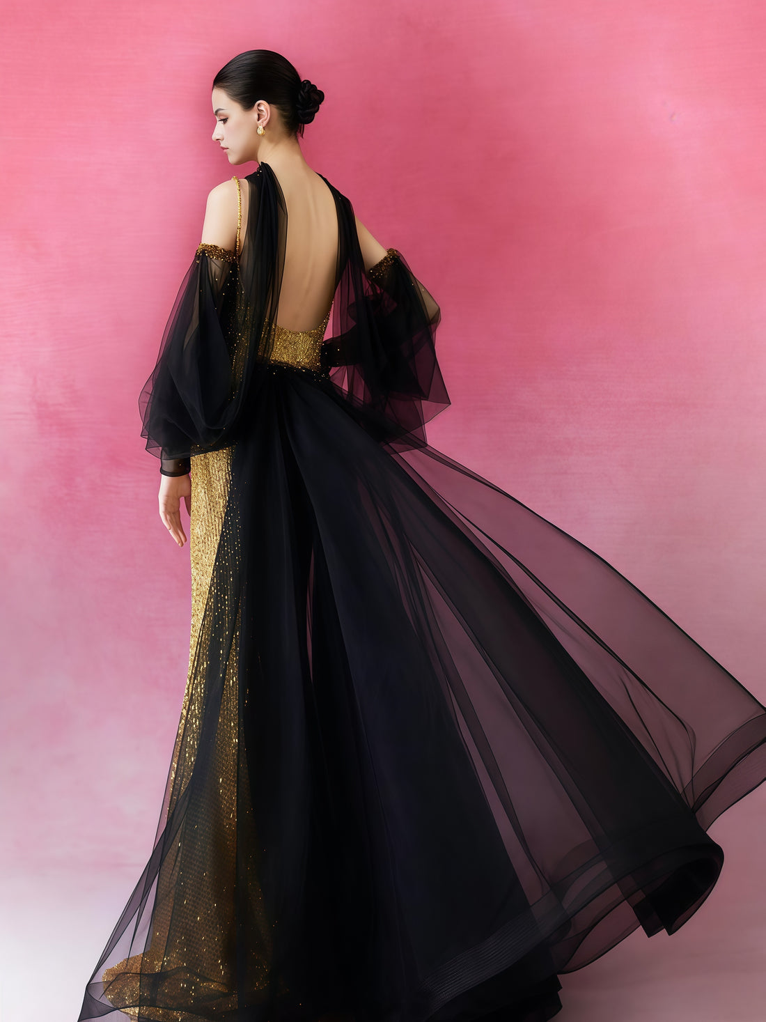 Molten Gold Sequin Illusion Cape Gown