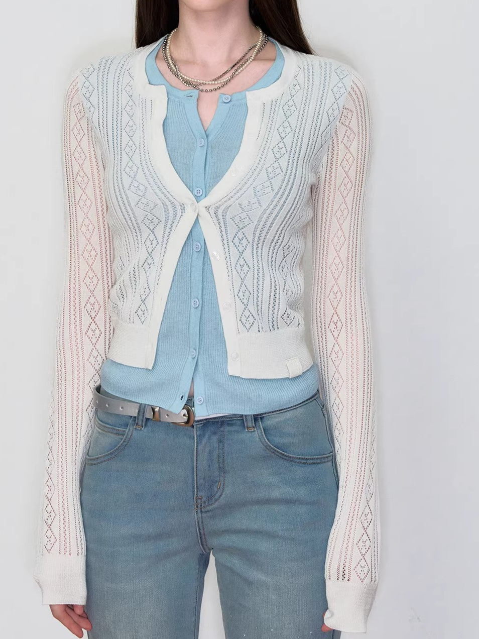 Layered-Effect Contrast Knit Cardigan