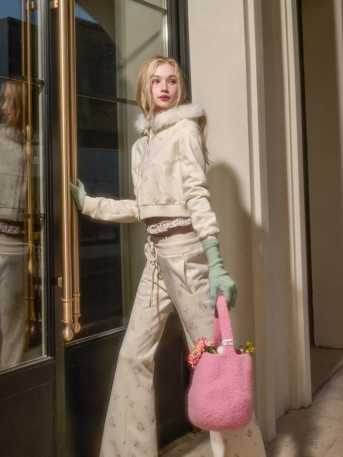 Floral-Trim Hoodie Jacket Set