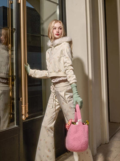 Floral-Trim Hoodie Jacket Set