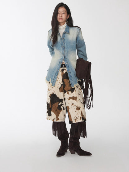 Vintage Washed Frayed Denim Fitted Shirt
