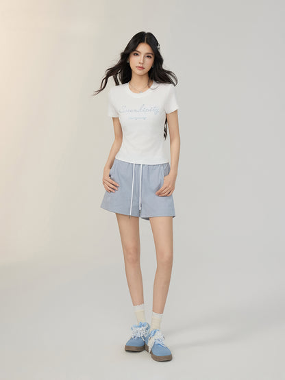 Tencel Sparkling Rhinestone Regular Shoulder T-shirt