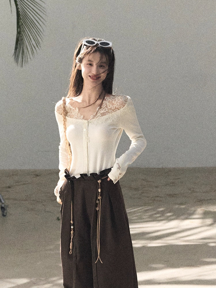 Sculpted Lace-Trim V-Neck Fitted Knit Cardigan