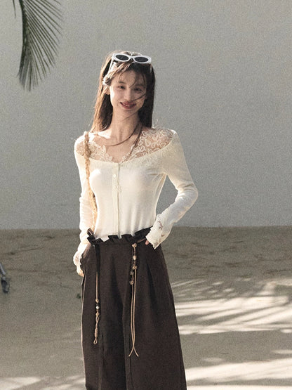 Sculpted Lace-Trim V-Neck Fitted Knit Cardigan