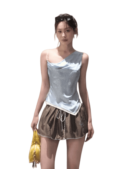 Asymmetrical Polka Dot Waist-Cinched Camisole