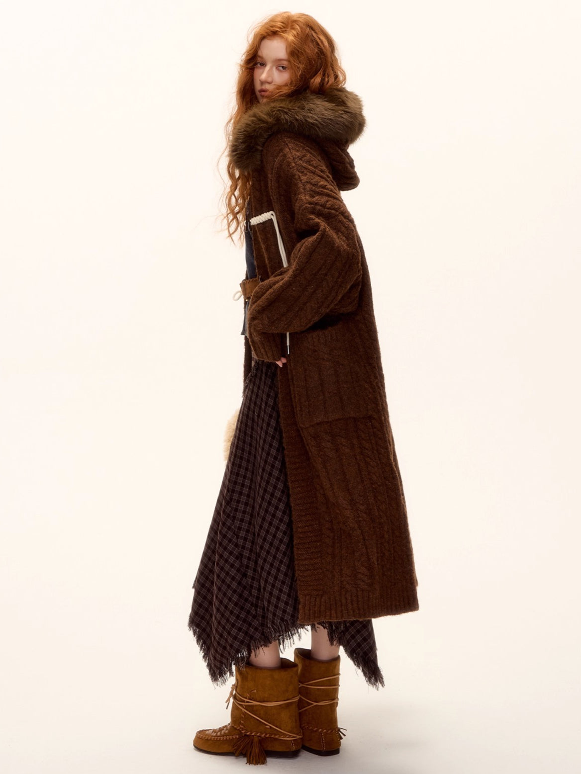 Detachable Fur Collar Cable-Knit Duffle Coat