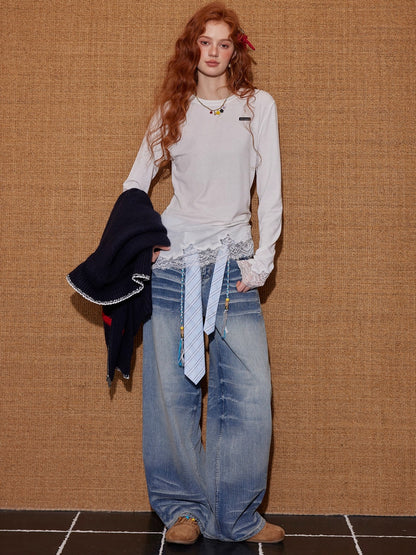 Lace-Paneled Round-Neck Long-Sleeve T-Shirt - CHINASQUAD