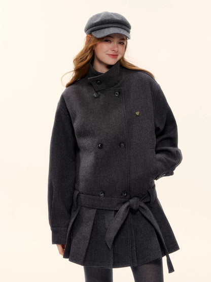Pleated-Edge Down Wool-Blend Coat
