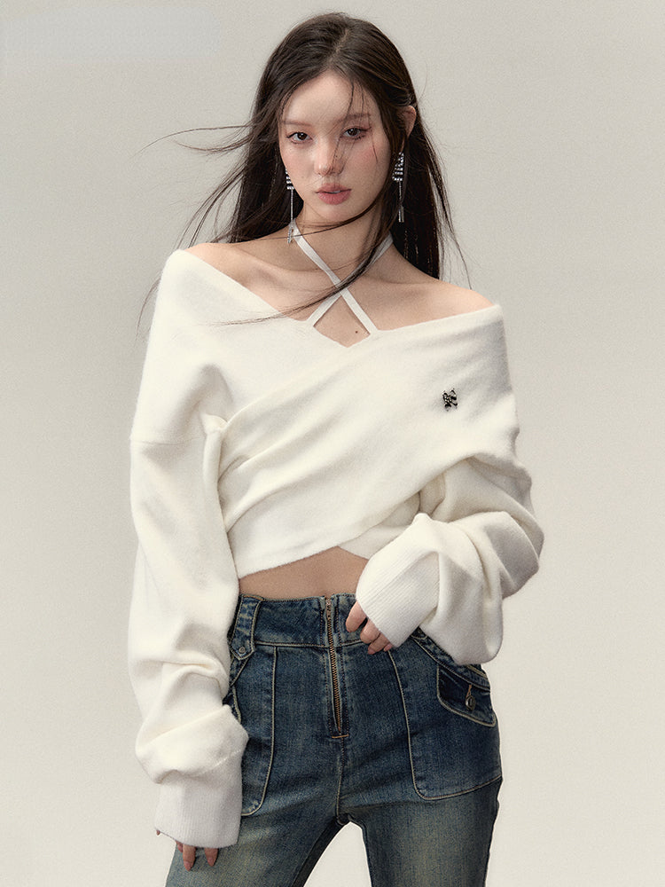 (Final Sale) Grey &amp; White Off-shoulder Knitted Wool Sweater - CHINASQUAD