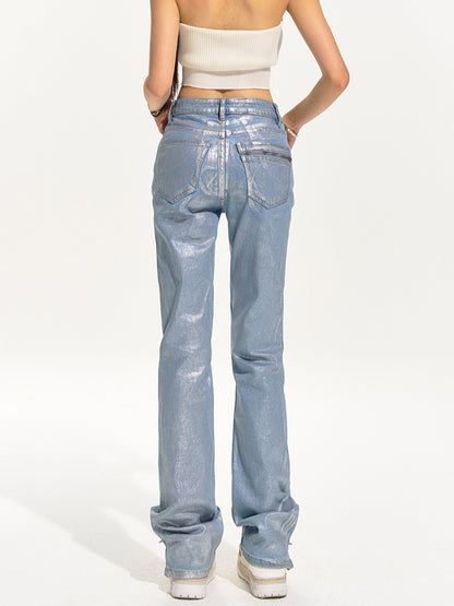 Denim Zipper-Slit Straight-Leg Jeans