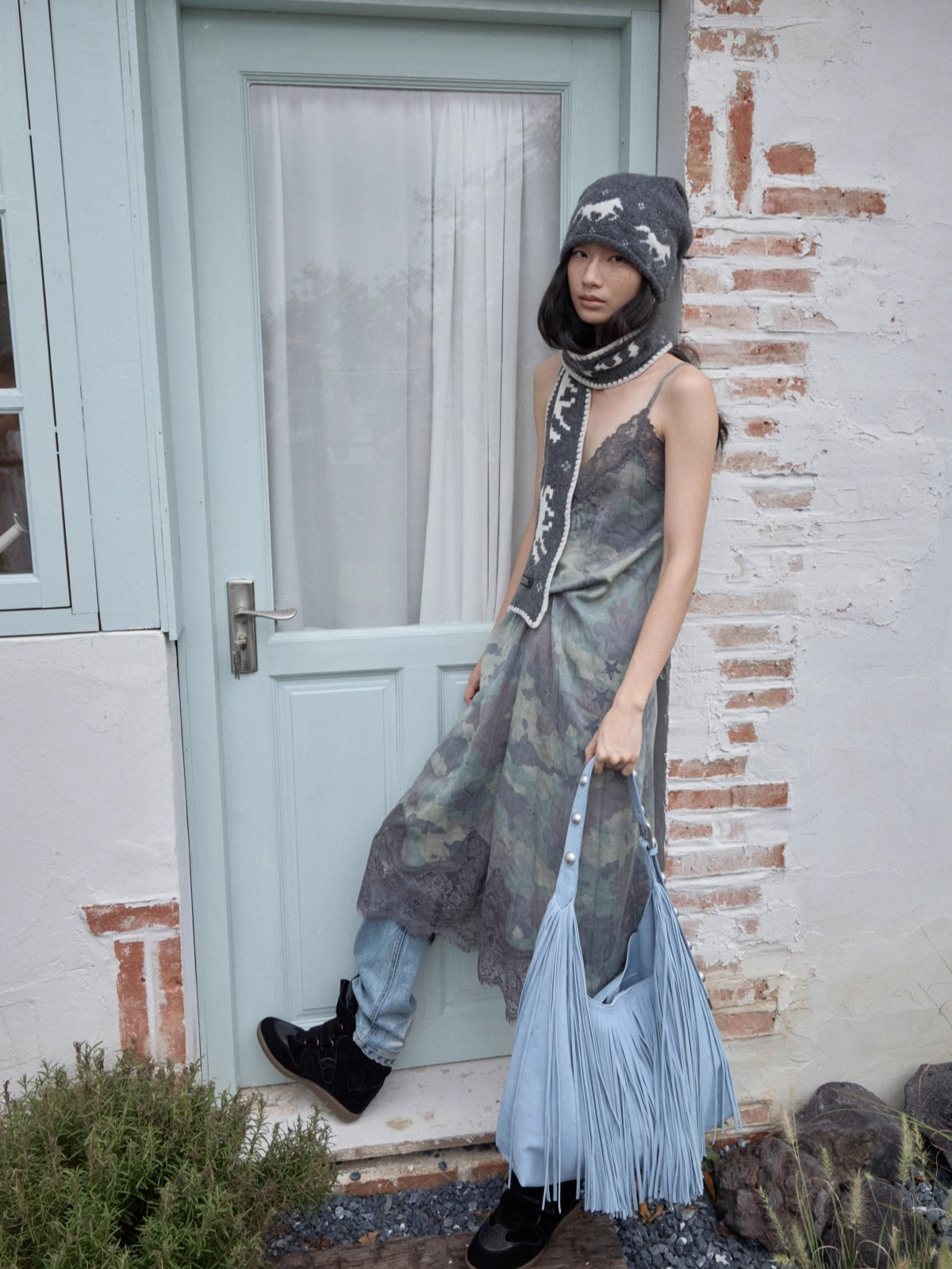 Camouflage Lace-Trim Printed Slip Dress