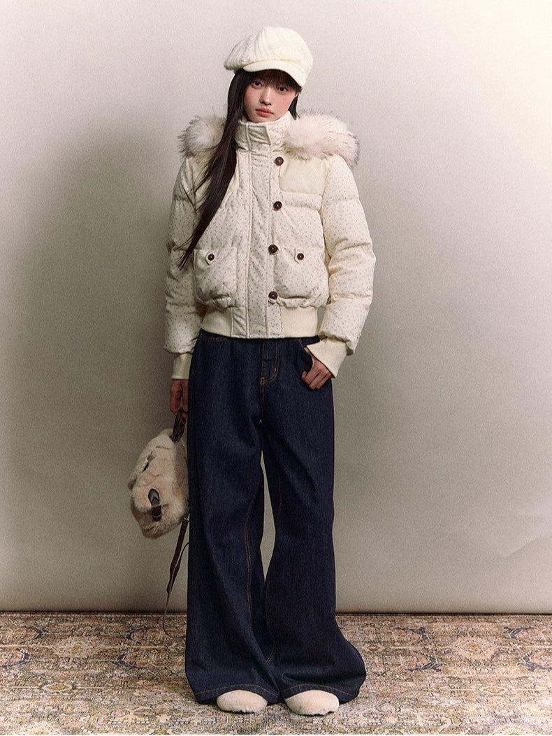 Fuzzy Plaid Down Faux Fur Collar Jacket