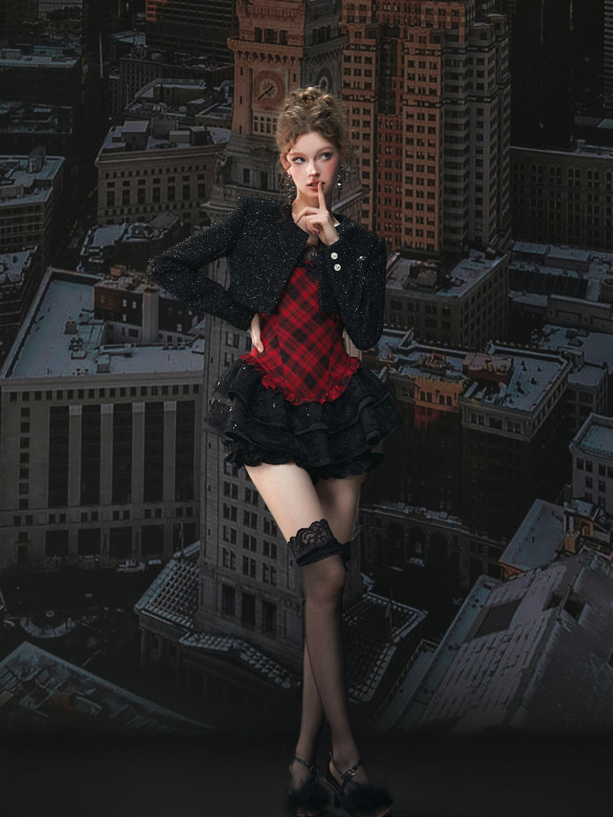 Plaid Puff Dress with Lace Overlay Set