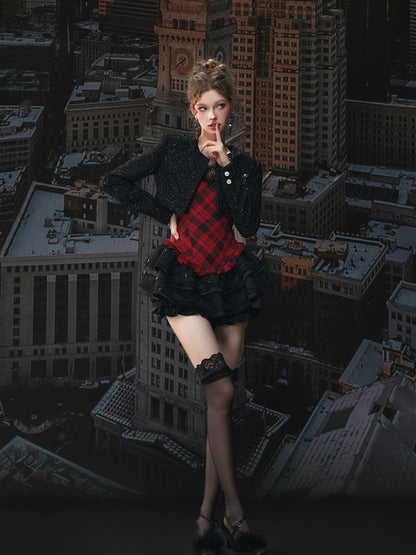 Plaid Puff Dress with Lace Overlay Set