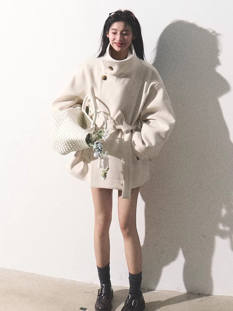 Stand-Collar Wool Short Coat