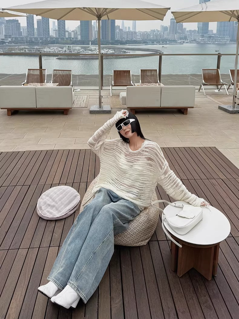 Asymmetric Tie-Detail Loop-Tab Denim Jeans