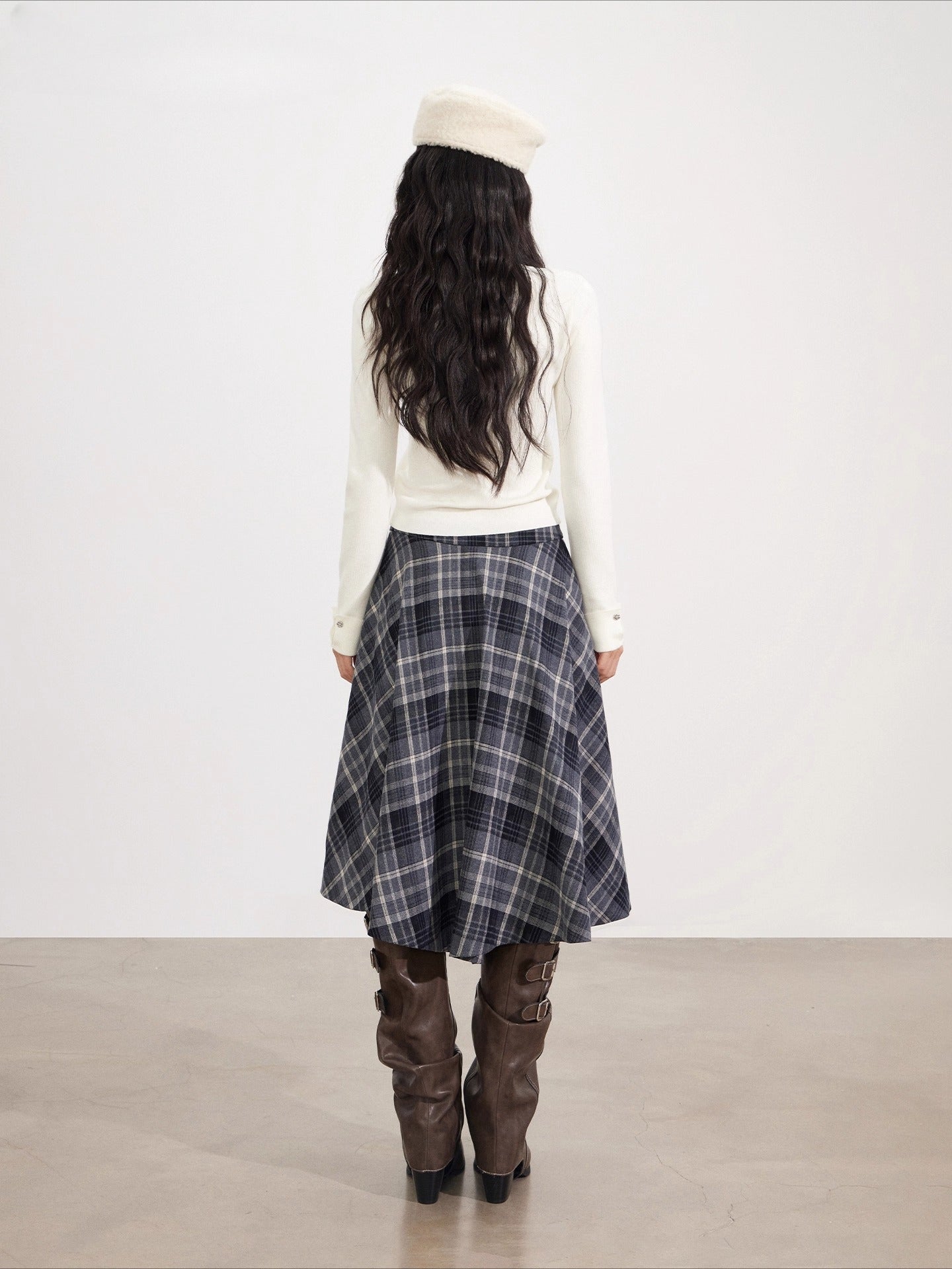 Asymmetrical Wool Plaid Midi Skirt