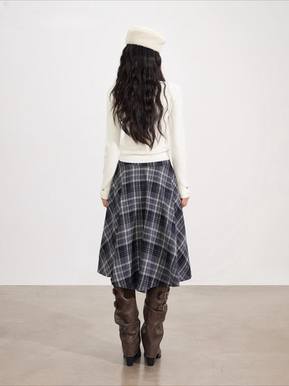 Asymmetrical Wool Plaid Midi Skirt