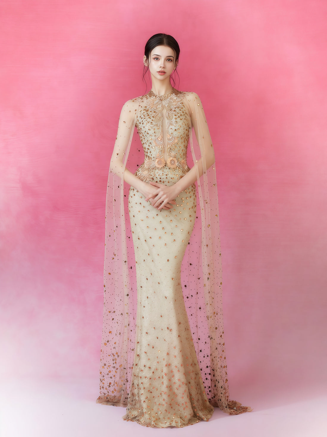 Celestial Crystal Embroidered Illusion Cape Gown