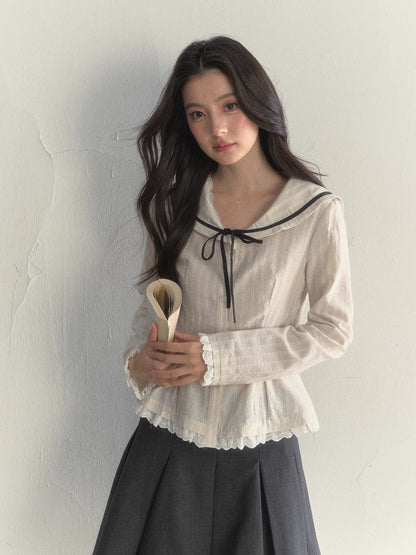 Nautical Texture Beige Fitted Blouse